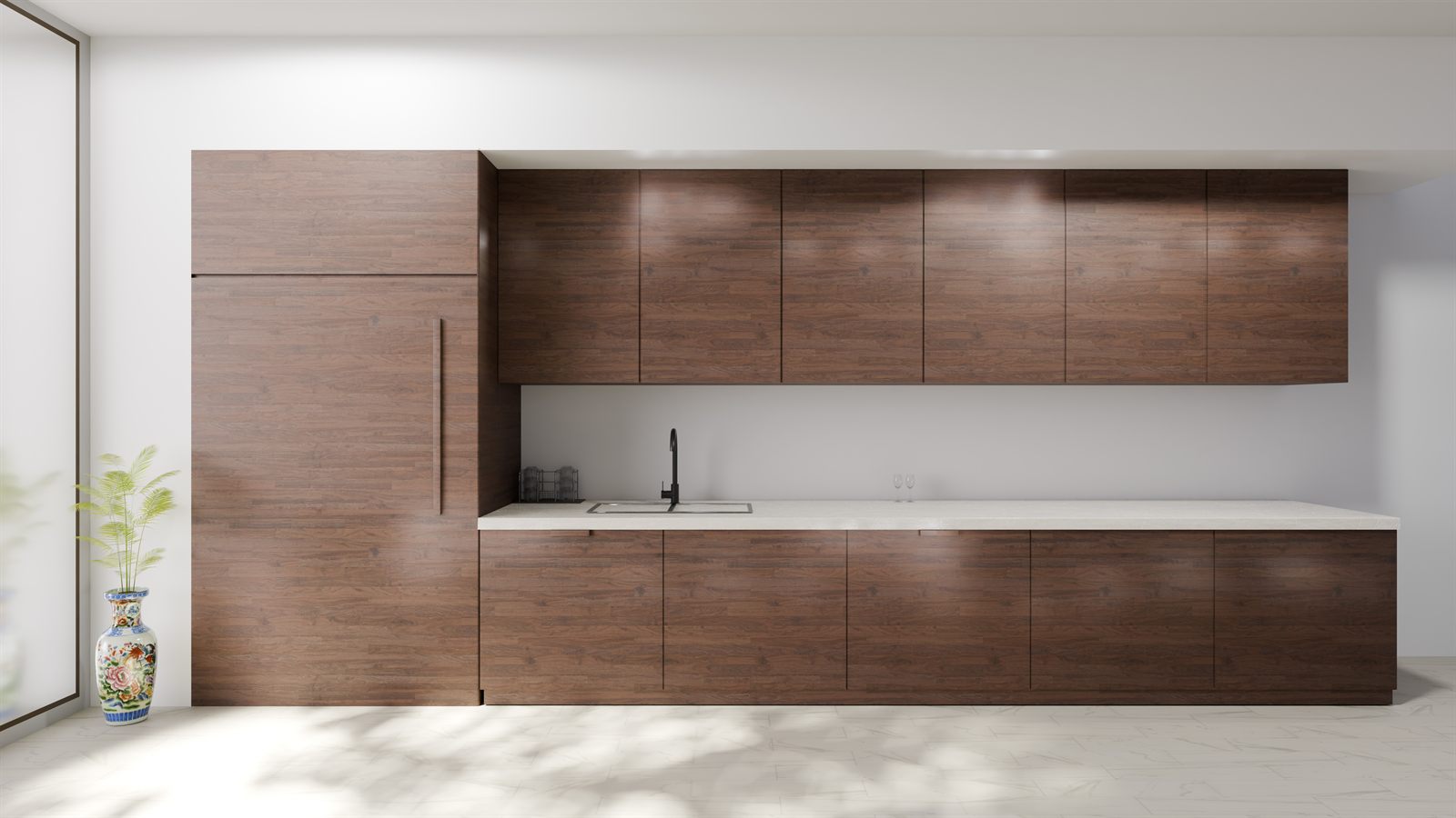 Keuken op maat met houten fronten tot tegen het plafond