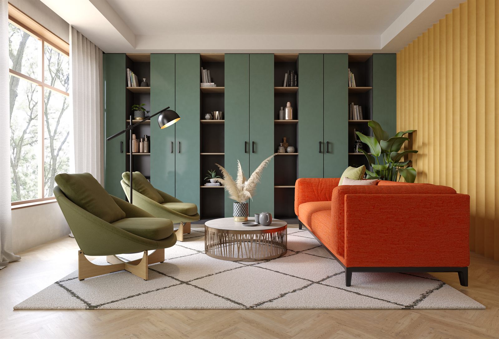Living met een groene kastenwand tot tegen het plafond, met open vakken tussen de deuren